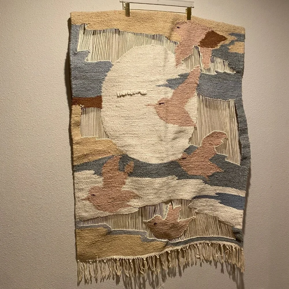Vintage Wool Woven Bird‎ & Sun Tapestry Wall Art - 51x36 Handwoven